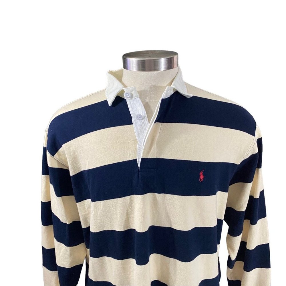 Ralph Lauren Polo Men Cream Navy Striped Red Pony Long Sleeve Rugby Polo Sz L - Picture 2 of 10